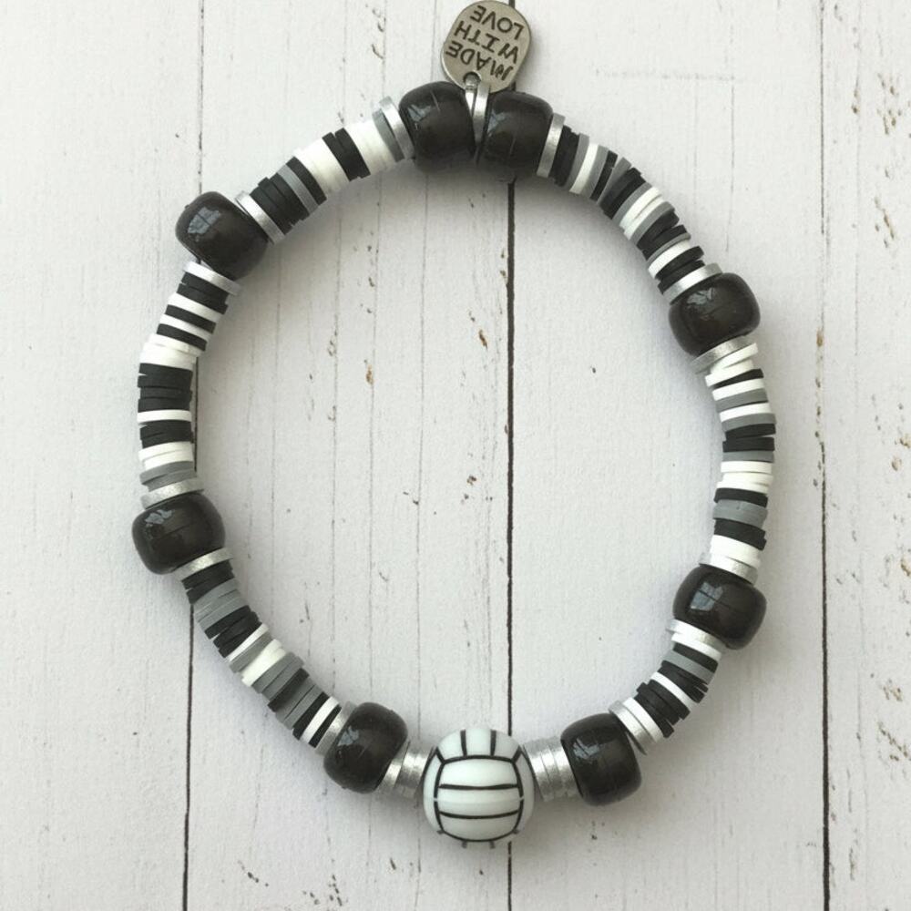 Heishi Beads Black & White Volleyball Stretch Bracelet Sport Chic Handmade